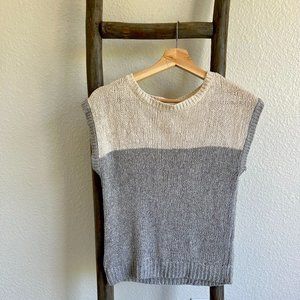 Vintage White/Grey Color-block Silk Angora Rabbit Hair Short Sleeve Sweater Top